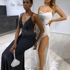 NEW ARRIVALS Honey Couture KARLIE Black Diamante Open Up Mermaid Formal Dress