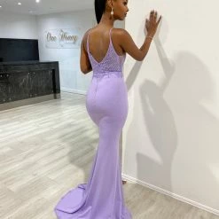 NEW ARRIVALS Honey Couture MIREN Lilac Purple Lace Applique Mermaid Formal Dress