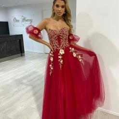 NEW ARRIVALS Honey Couture BLOOM Burgundy Bustier Lace Applique Tulle Formal Dress