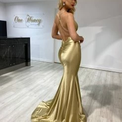 Honey Couture COCO Gold Low Back Bum Ruching Mermaid Formal Dress