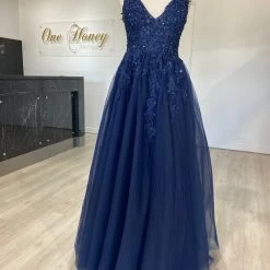 Honey Couture Made To Your Measurements NEW ARRIVALS Honey Couture TIHANA Deep V Front Beaded Tulle Skirt Formal Dress