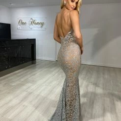 Honey Couture GRETA Silver/Nude Lace & Glitter Overlay Mermaid Formal Gown Dress NEW ARRIVALS