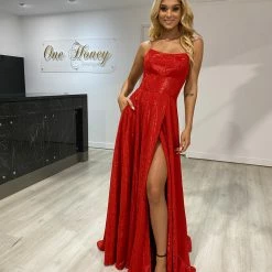 Honey Couture KYLA Red Shimmer Lace Up Back Formal Gown Dress NEW ARRIVALS