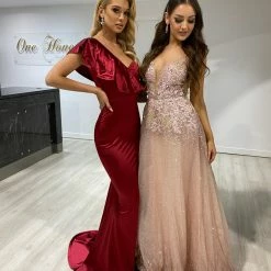 Honey Couture ALEXIS Burgundy Silky Frilly One Shoulder Mermaid Formal Dress NEW ARRIVALS