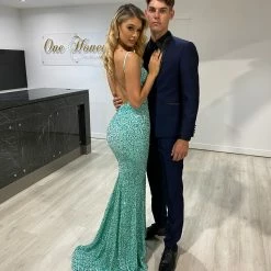 Honey Couture KAYTUM Mint Green Sequin Mermaid Evening Gown Dress