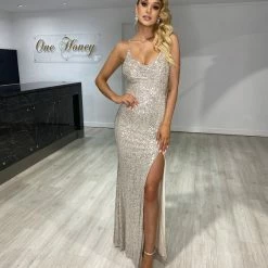 Honey Couture CELESTE Champagne Silver Diamante Strap Sequin Lace Up Formal Dress