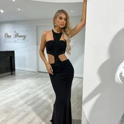 Honey Couture RIO Black Halter Cut Out Beaded Formal Gown NEW ARRIVALS