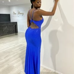 Honey Couture KARLIE Royal Blue Diamante Open Up Mermaid Formal Dress