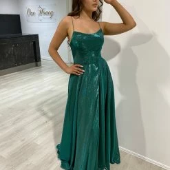 NEW ARRIVALS Honey Couture KYLA Emerald Green Shimmer Lace Up Back Formal Gown Dress