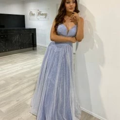 Honey Couture LIVIA Baby Blue Silver Glitter Ball Gown Formal Dress
