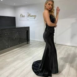 NEW ARRIVALS Honey Couture COCO Black Low Back Bum Ruching Mermaid Formal Dress