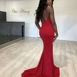 NEW ARRIVALS Honey Couture LUREX Red Sparkle Mermaid Evening Gown Dress