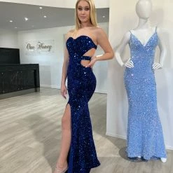 Honey Couture DENISE Electric Blue Sequin Cut Out Strapless Mermaid Evening Dress NEW ARRIVALS
