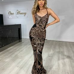 NEW ARRIVALS Honey Couture MAYA Black & Rose Gold Sequin Tie Up Back Formal Dress