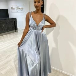 Honey Couture HUNTAR Dusty Blue Green Silky A Line Bridesmaid Formal Dress