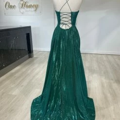 NEW ARRIVALS Honey Couture KYLA Emerald Green Shimmer Lace Up Back Formal Gown Dress