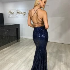 One Honey Boutique NEW ARRIVALS The ZOE Navy Blue Sequin Mermaid Formal Gown