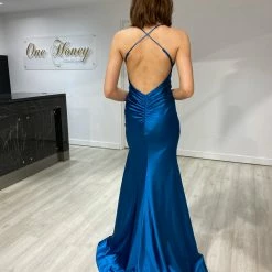 Honey Couture COCO Peacock Low Back Bum Ruching Mermaid Formal Dress