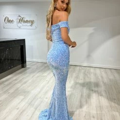 Honey Couture LYDIA Baby Blue Sequin Off Shoulder Formal Gala Dress NEW ARRIVALS
