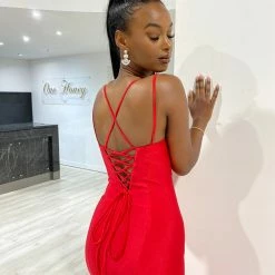 Honey Couture ORINA Red Diamante V Front Leg Split Formal Dress