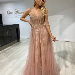 Honey Couture NORA Rose Gold Tulle Glitter Corset Formal Dress NEW ARRIVALS