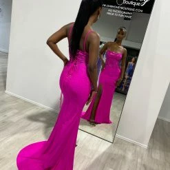 NEW ARRIVALS Honey Couture LEONIE Fuchsia Hot Pink Diamante Leg Split Mermaid Formal Dress