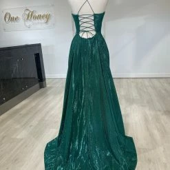 NEW ARRIVALS Honey Couture KYLA Emerald Green Shimmer Lace Up Back Formal Gown Dress