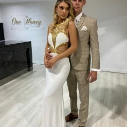 Honey Couture CLEO White & Gold Beaded Formal Gown NEW ARRIVALS