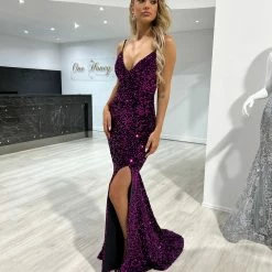Honey Couture KAYTUM Dark Purple Sequin Mermaid Evening Gown Dress