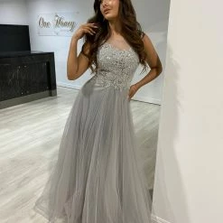 Honey Couture MADDIE Silver Tulle Lace Bodice Formal Dress 8 Honey Couture MADDIE Silver Tulle Lace Bodice Formal Dress
