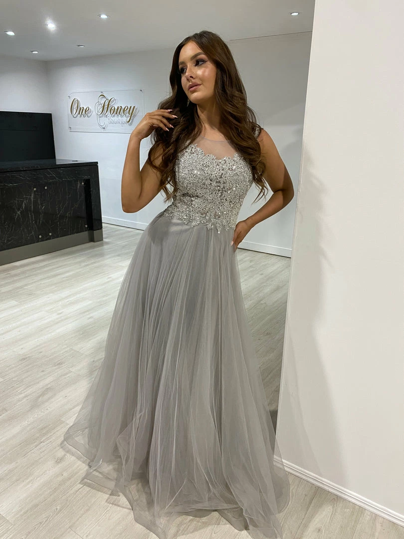 Honey Couture MADDIE Silver Tulle Lace Bodice Formal Dress 5 Honey Couture MADDIE Silver Tulle Lace Bodice Formal Dress