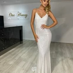 One Honey Boutique NEW ARRIVALS The NIKEETA White Sequin Corset Back Mermaid Formal Gown