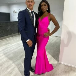 Honey Couture JAZ Magenta Hot Pink Crystal Feature Mermaid Formal Gown NEW ARRIVALS