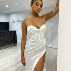 Honey Couture ZENDAYA Off White Satin Corset Bustier Leg Split Formal Dress NEW ARRIVALS