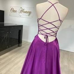Honey Couture Made To Your Measurements NEW ARRIVALS Honey Couture LUCINDA Lace Up Back Satin A Line Formal Dress