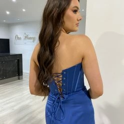 NEW ARRIVALS Honey Couture TYRA Soft Navy Blue Corset Bustier Leg Split Formal Dress