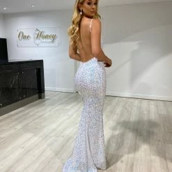 Honey Couture JULES White Low Back Sequin Mermaid Evening Gown Dress NEW ARRIVALS