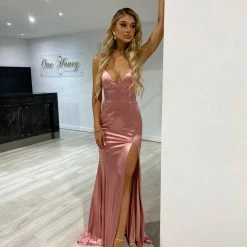 NEW ARRIVALS Honey Couture JALI Rose Pink Lace Back Silky Bum Ruching Formal Dress