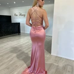 NEW ARRIVALS Honey Couture JALI Rose Pink Lace Back Silky Bum Ruching Formal Dress