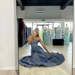 Honey Couture Made To Your Measurements NEW ARRIVALS Honey Couture DORIT Strapless Bustier Glitter Fabric Formal Dress