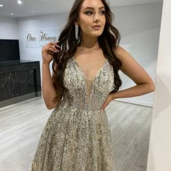 Honey Couture VIANNE Champagne Gold Glitter Tulle Formal Dress