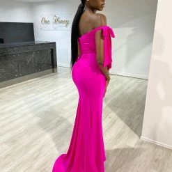 NEW ARRIVALS Honey Couture BELLE Fuchsia Hot Pink Off Shoulder Mermaid Formal Dress