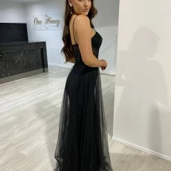 Honey Couture NOELLA Black Glitter Tulle Bustier Formal Dress NEW ARRIVALS