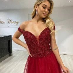 Honey Couture ISIDORE Burgundy Beaded Off Shoulder Tulle Skirt Formal Dress