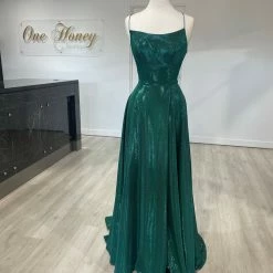 NEW ARRIVALS Honey Couture KYLA Emerald Green Shimmer Lace Up Back Formal Gown Dress