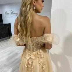 Honey Couture BLOOM Champagne Bustier Lace Applique Tulle Formal Dress
