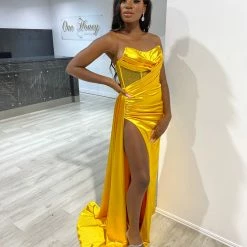 NEW ARRIVALS Honey Couture GIGI Neon Yellow Corset Sparkle Bustier Strapless Mermaid Formal Gown Dress