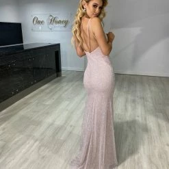 Honey Couture ODETTE Pink Shimmer Glitter Low Back Formal Gown Dress NEW ARRIVALS