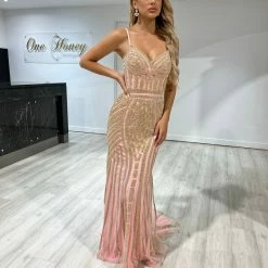 Honey Couture DIAMONDS Pink Sequin Mermaid Formal Gown Dress