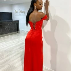 Honey Couture TYRA Red Corset Bustier Leg Split Formal Dress